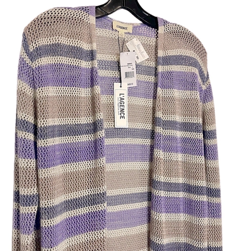 L’AGENCE Koi Striped Metallic Open-Knit Longline Cardigan NWT Large Duster - Picture 4 of 11